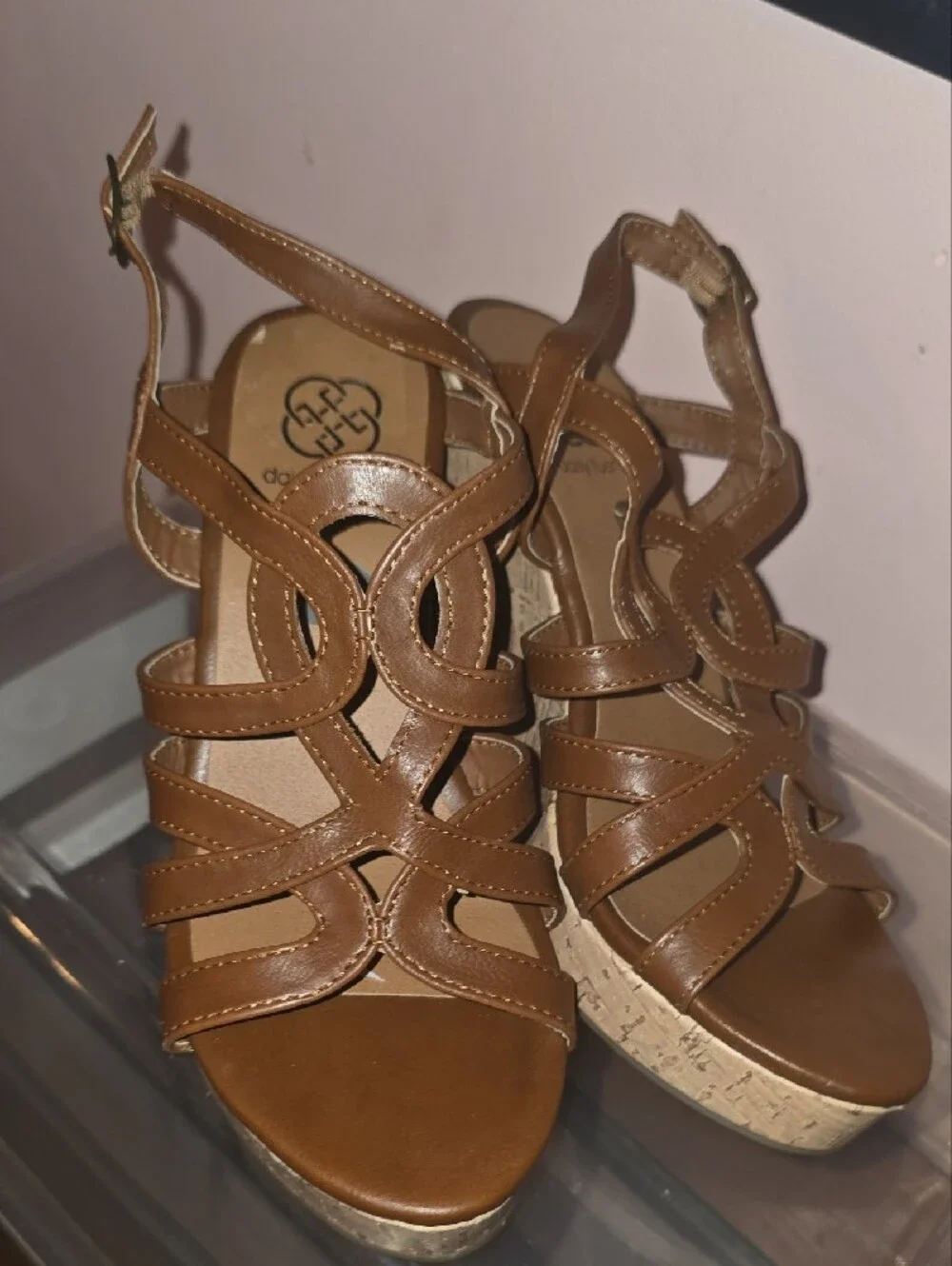 Tan Leather Strappy Cork Wedge Sandals